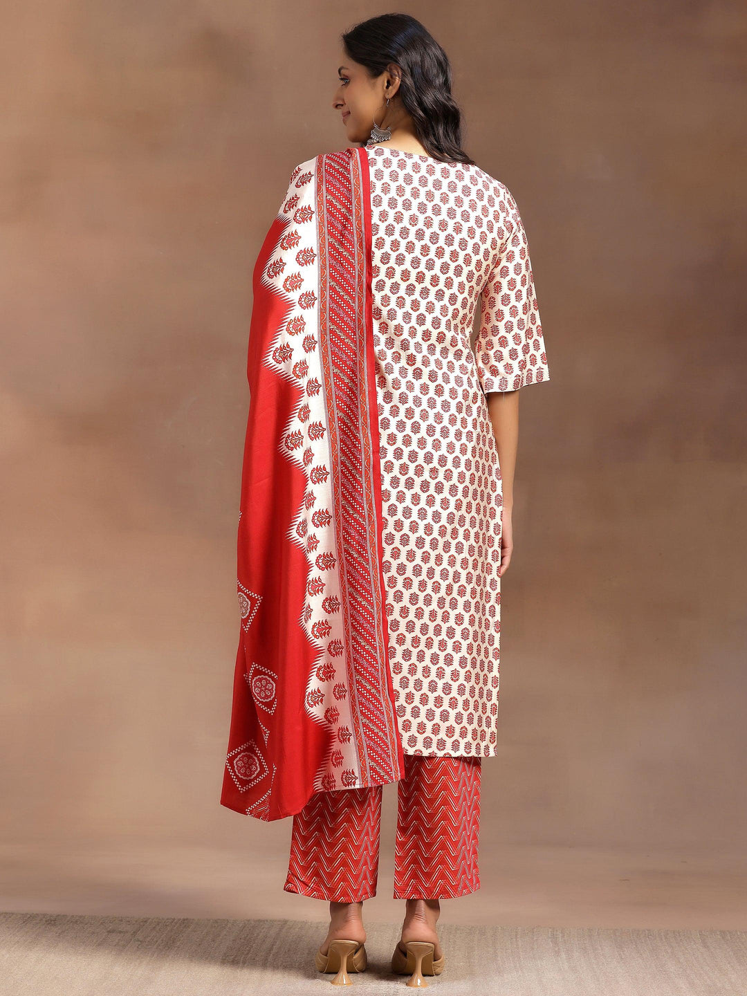 Beige Printed Silk Blend Straight Suit With Dupatta - Libas 