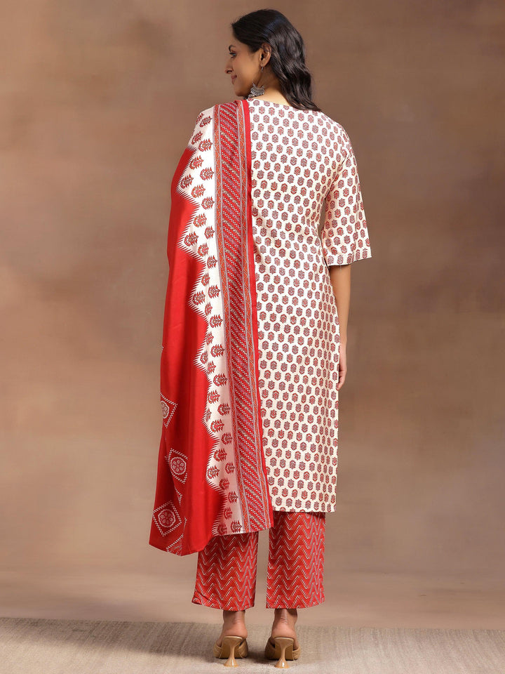 Beige Printed Silk Blend Straight Suit With Dupatta - Libas