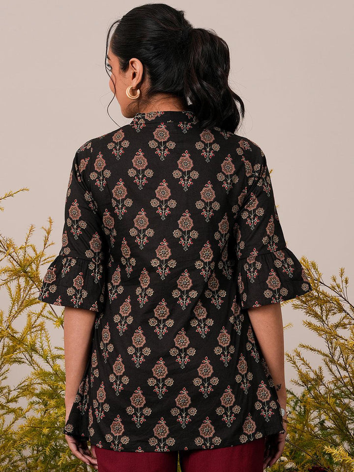 Black Printed Cotton Straight Kurti - Libas