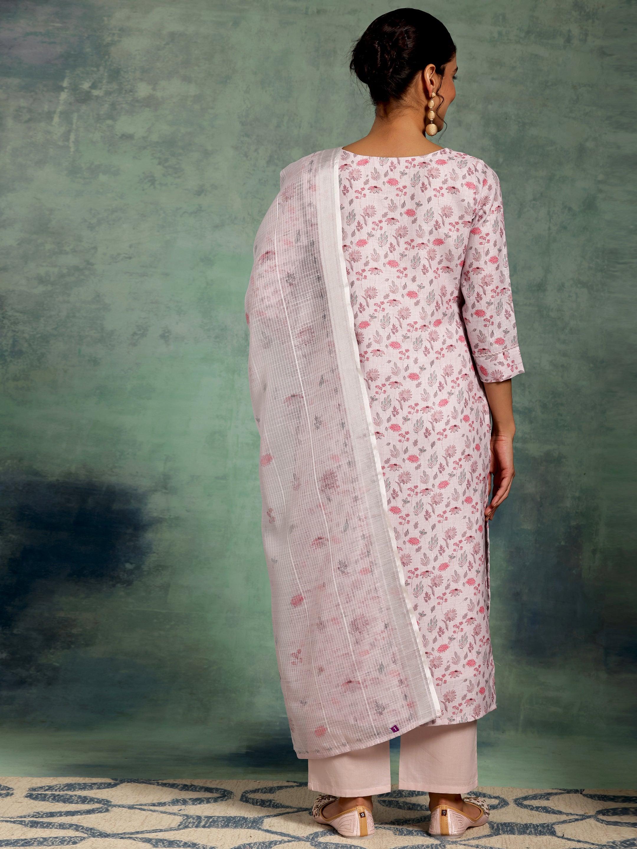 Lilac Printed Cotton Straight Suit With Dupatta