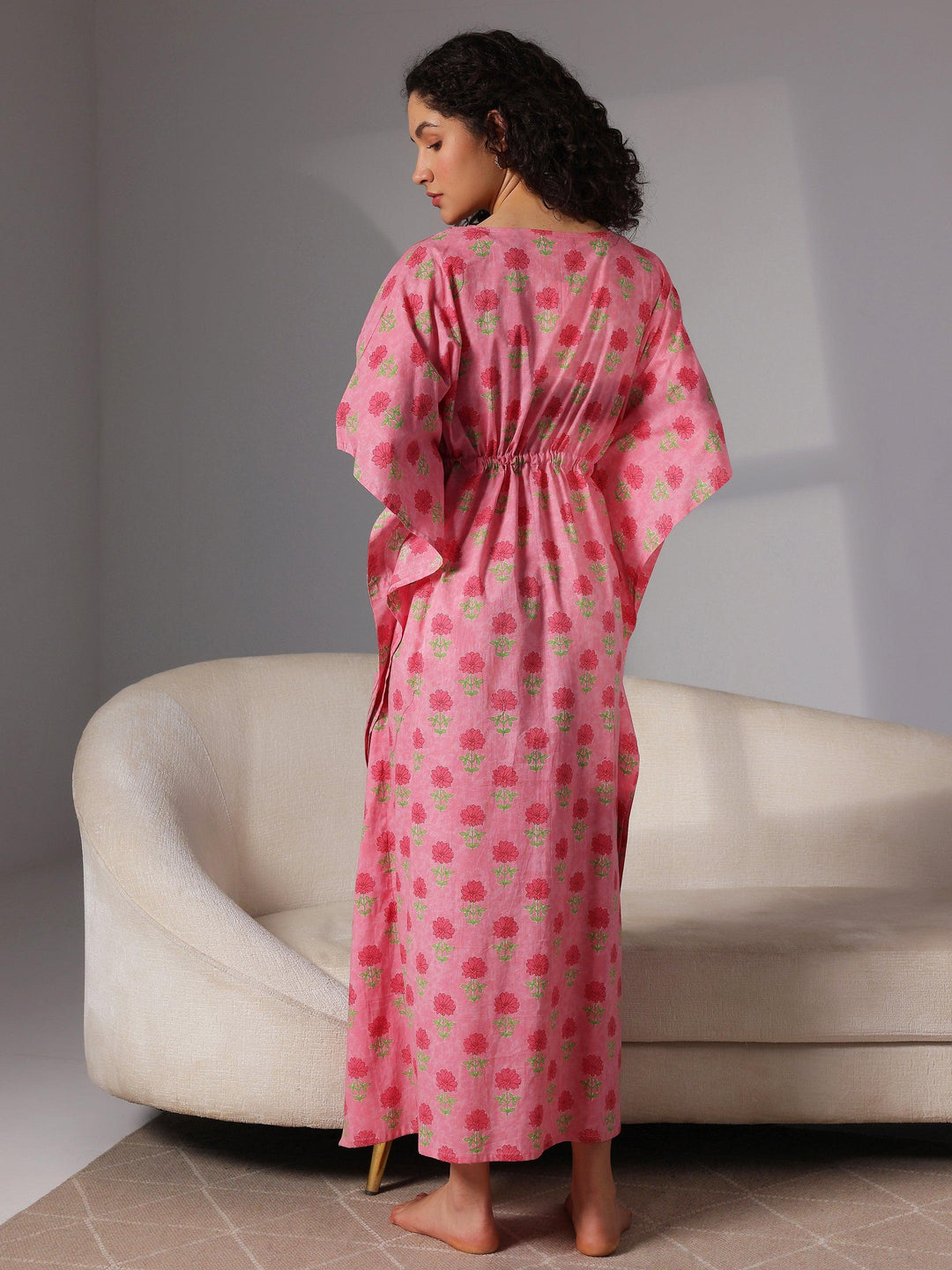 Pink Printed Cotton Kaftan Night Dress - Libas 