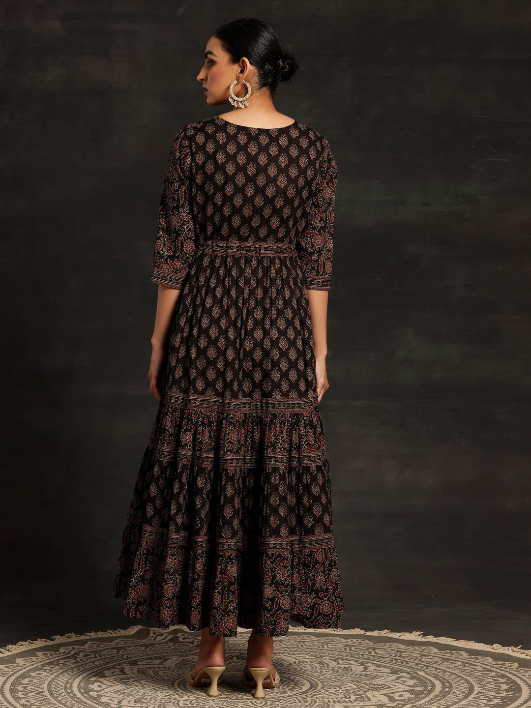 Black Printed Cotton A-Line Dress - Libas