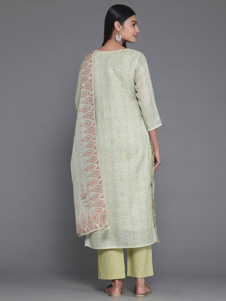 Green Printed Cotton Straight Suit With Dupatta - Libas