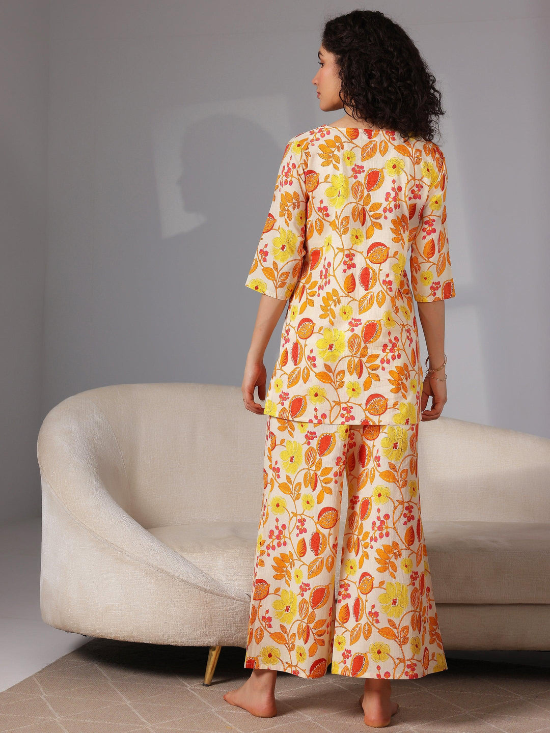 Yellow Printed Cotton Night Suits - Libas