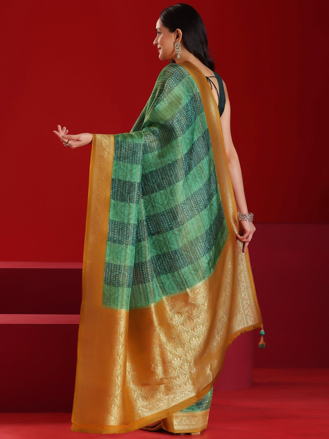 Libas Art Green Woven Design Satin Saree With Unstitched Blouse Piece - Libas