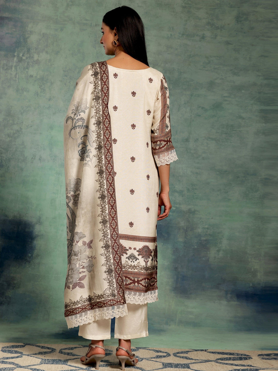 Ivory Printed Silk Blend Straight Suit With Dupatta - Libas