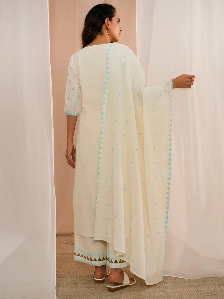 Off White Embroidered Cotton Straight Suit With Dupatta - Libas