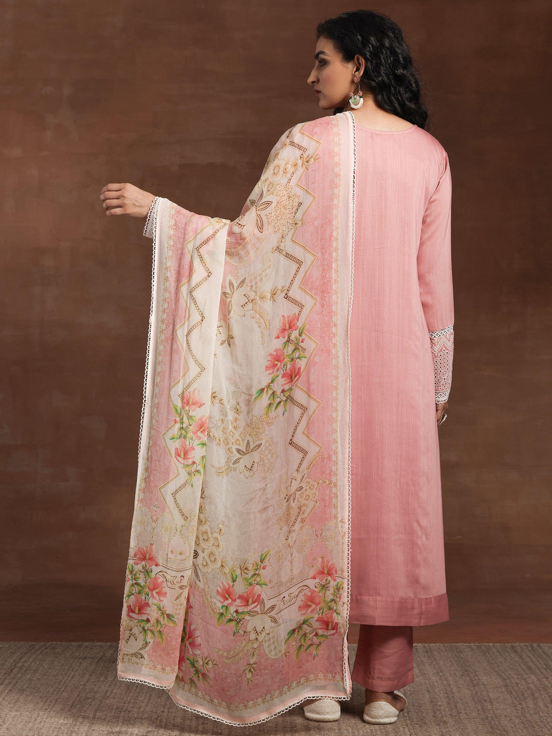 Pink Embroidered Silk Blend Straight Suit With Dupatta - Libas 