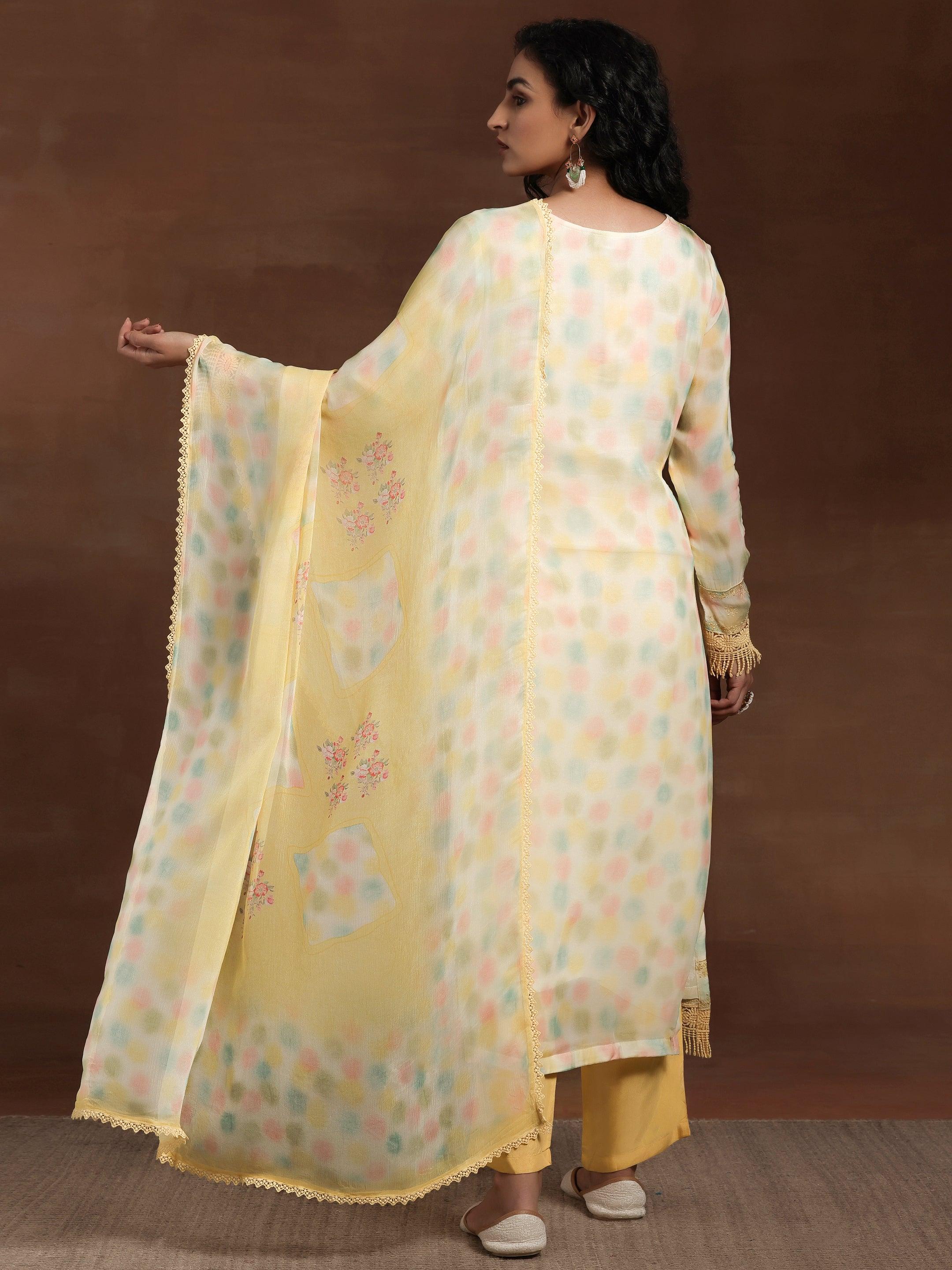 Yellow Embroidered Organza Straight Suit With Dupatta