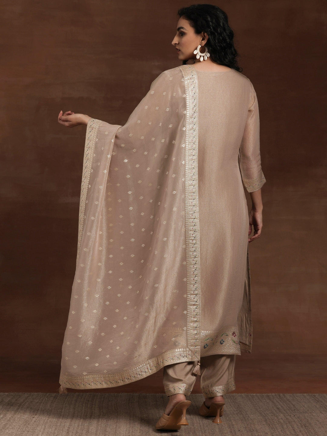 Brown Woven Design Chanderi Silk Straight Suit With Dupatta - Libas 