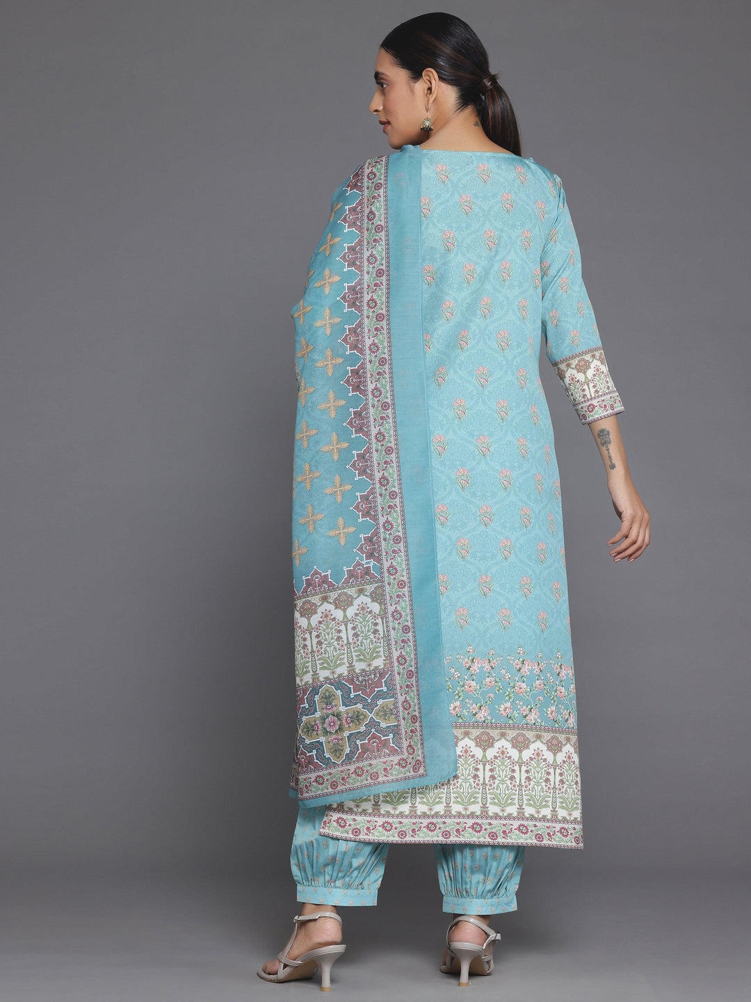 Blue Printed Poly Crepe Straight Suit With Dupatta - Libas 