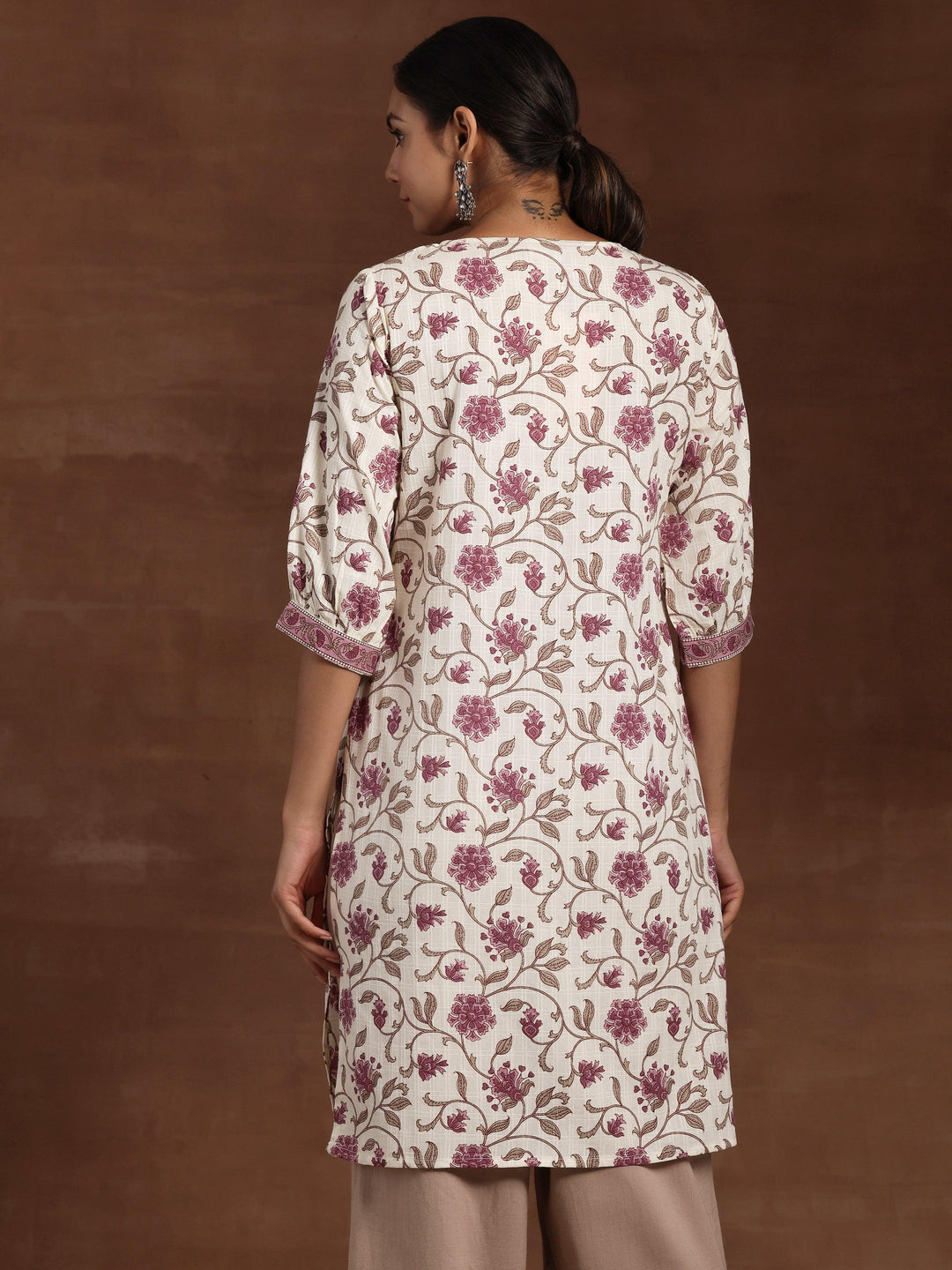 Beige Printed Cotton Straight Kurta - Libas