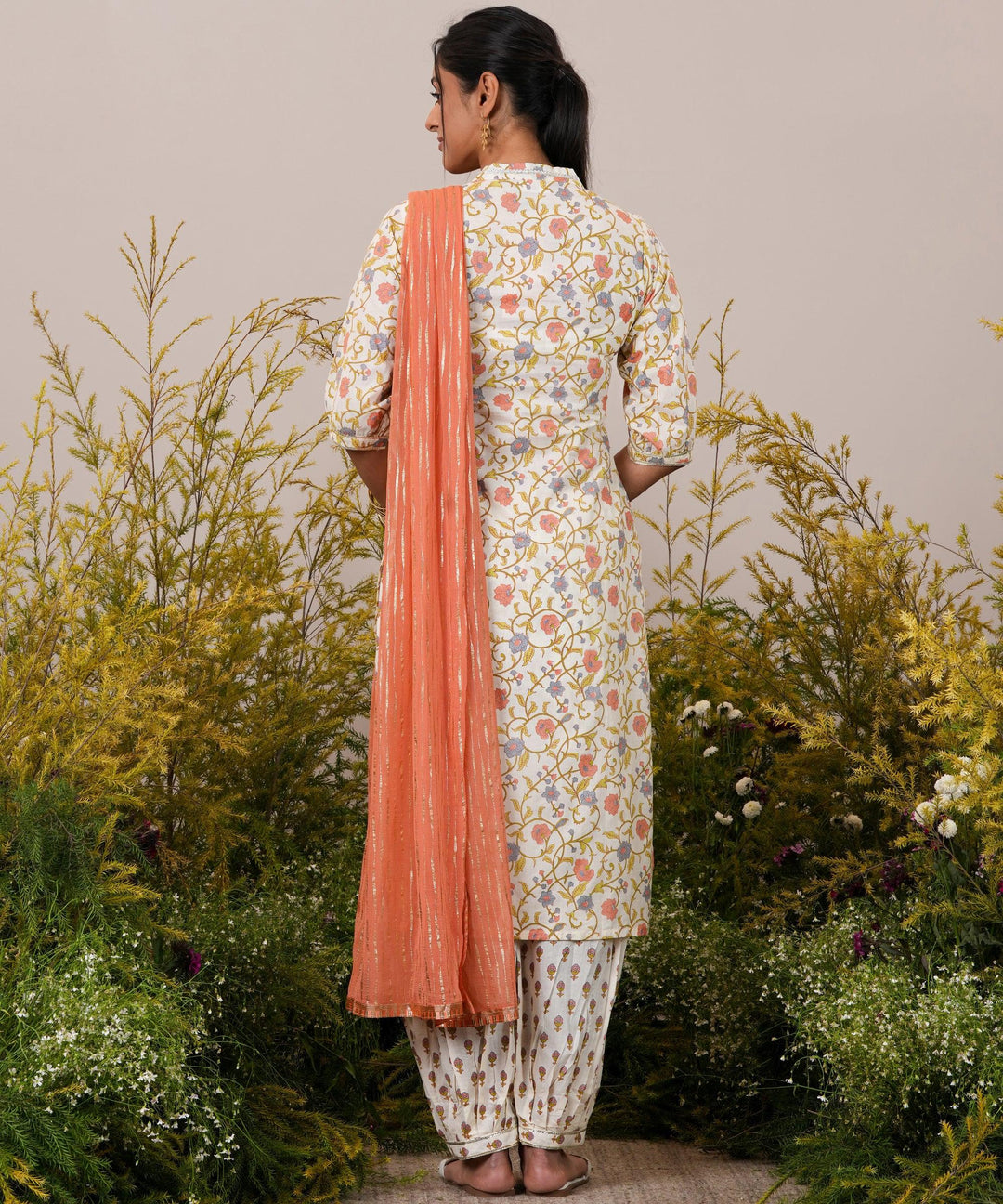 Off White Printed Cotton Straight Suit With Dupatta - Libas 