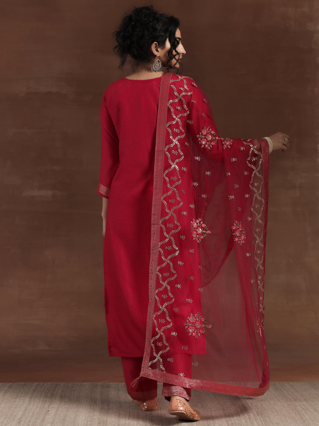 Pink Woven Design Silk Blend Straight Suit With Dupatta - Libas 