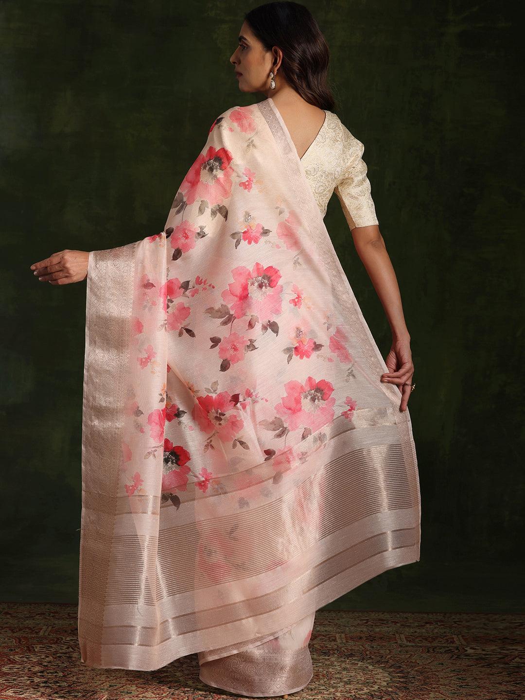 Pink Printed Silk Blend Saree With Unstitched Blouse Piece - Libas