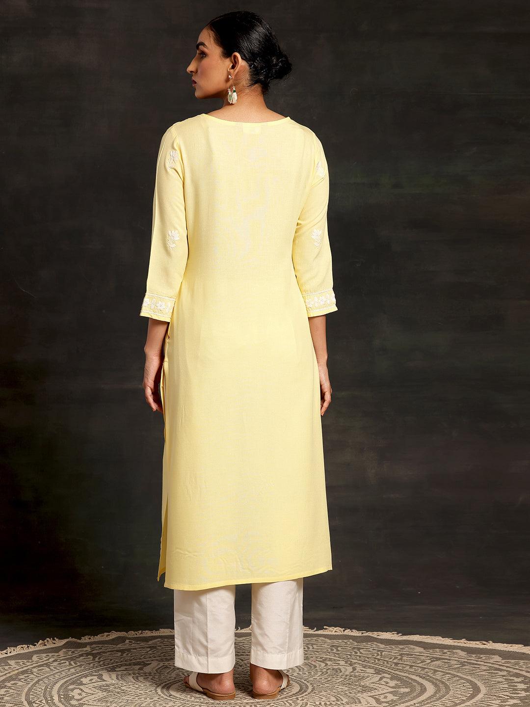 Yellow Embroidered Rayon Straight Kurta - Libas 