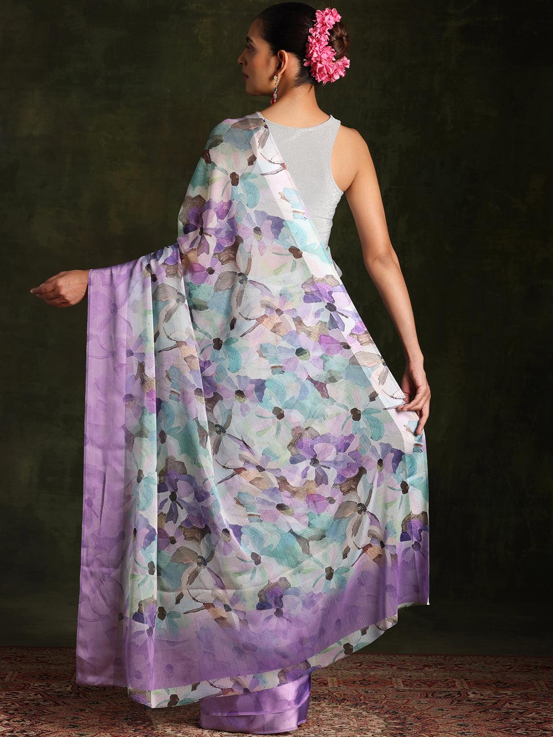 Lavender Printed Silk Blend Saree With Unstitched Blouse Piece - Libas