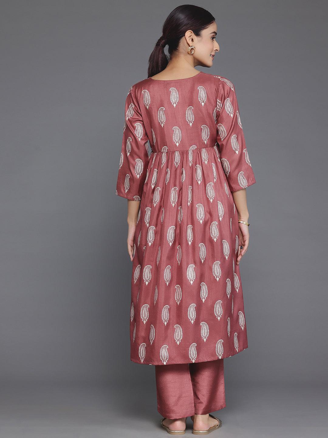 Mauve Printed Silk Blend A-Line Kurta With Trousers - Libas 