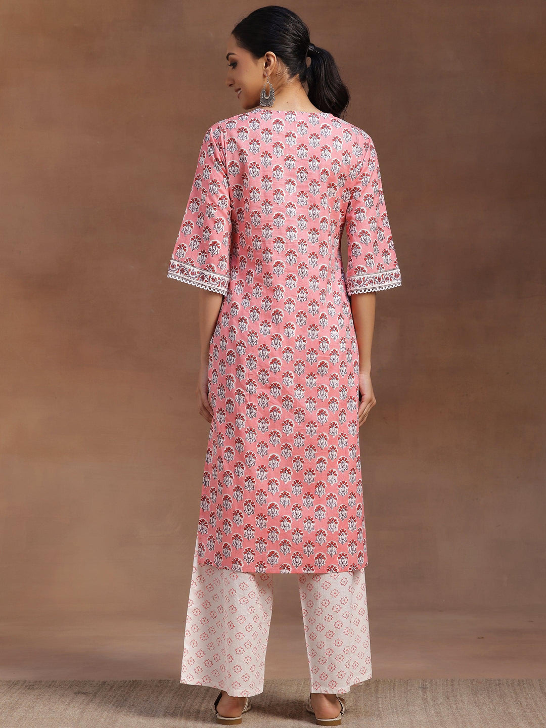 Peach Printed Cotton Straight Kurta With Palazzos - Libas 