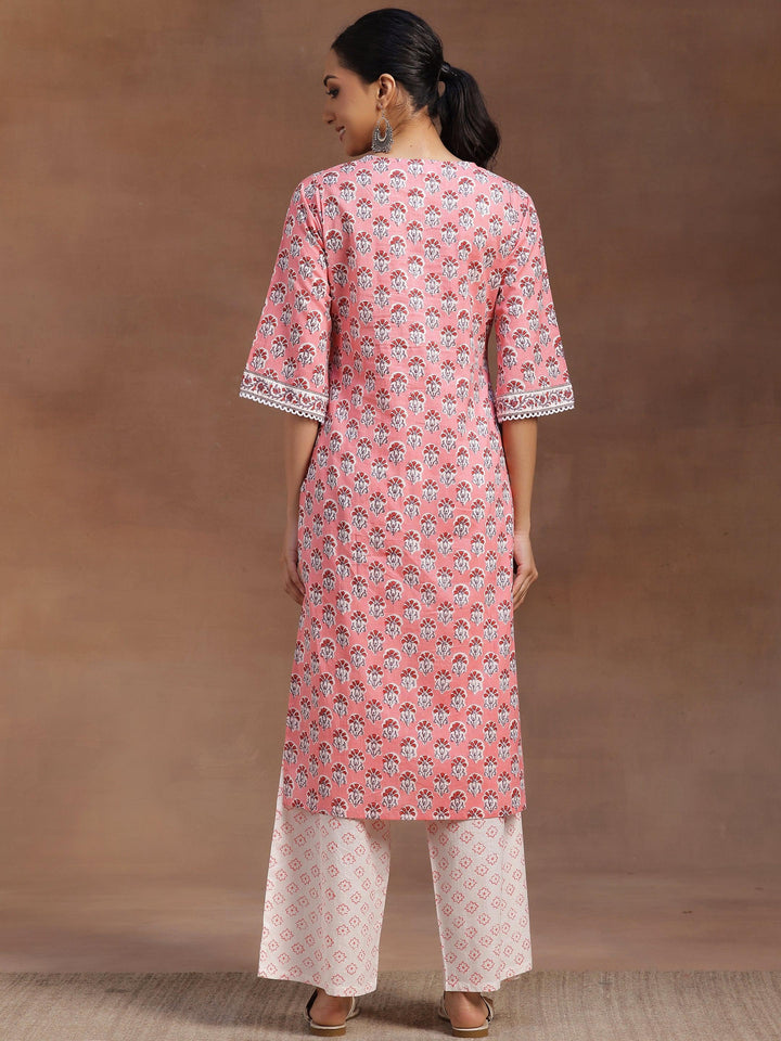 Peach Printed Cotton Straight Kurta With Palazzos - Libas