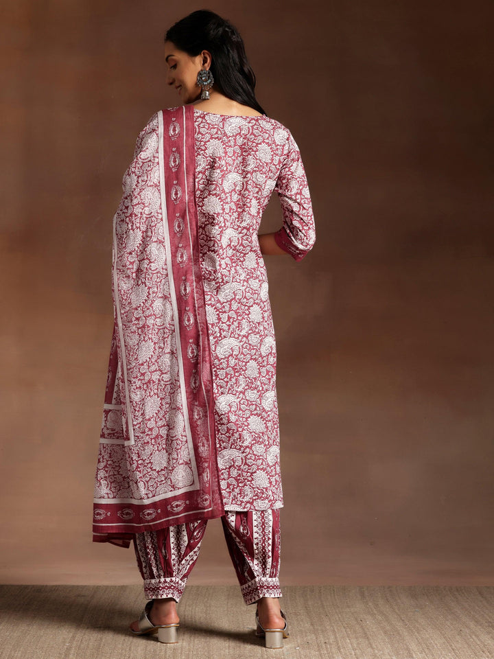 Wine Printed Cotton Straight Suit With Dupatta - Libas