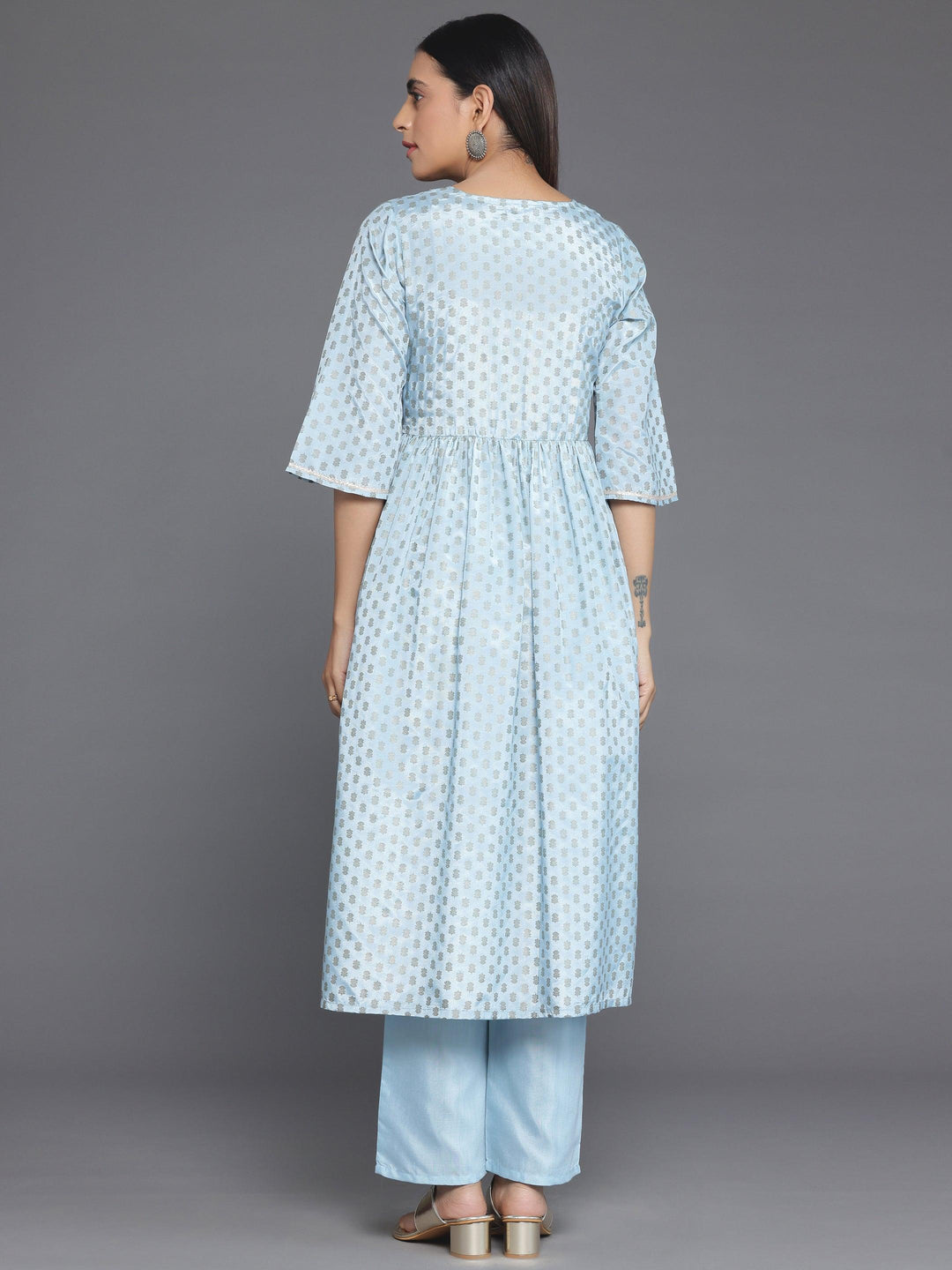 Blue Printed Silk Blend A-Line Kurta With Trousers - Libas