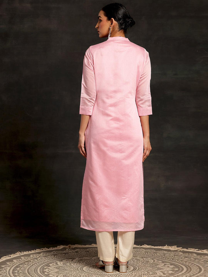 Pink Embroidered Chanderi Silk Straight Kurta - Libas