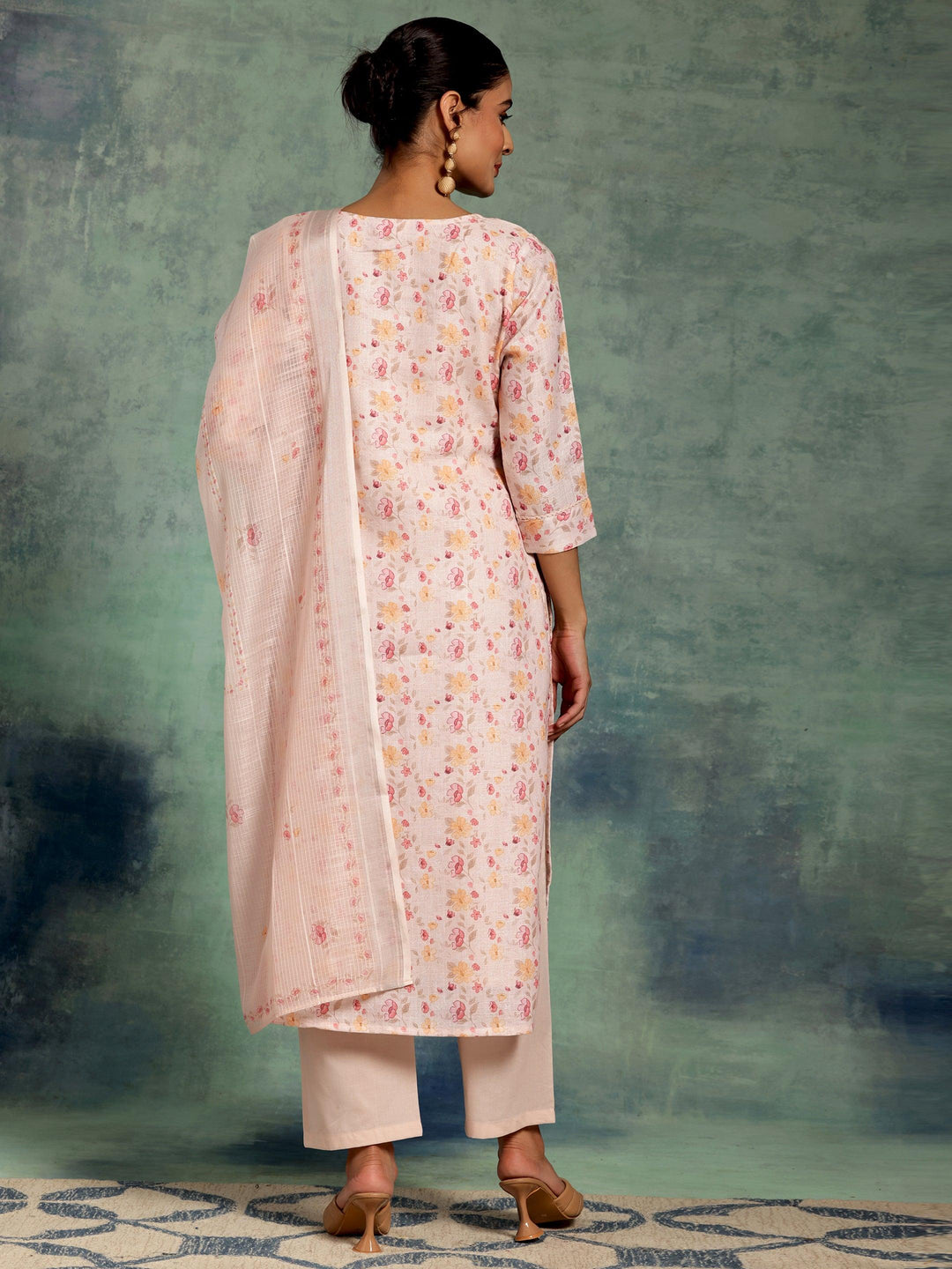 Peach Printed Cotton Straight Suit With Dupatta - Libas