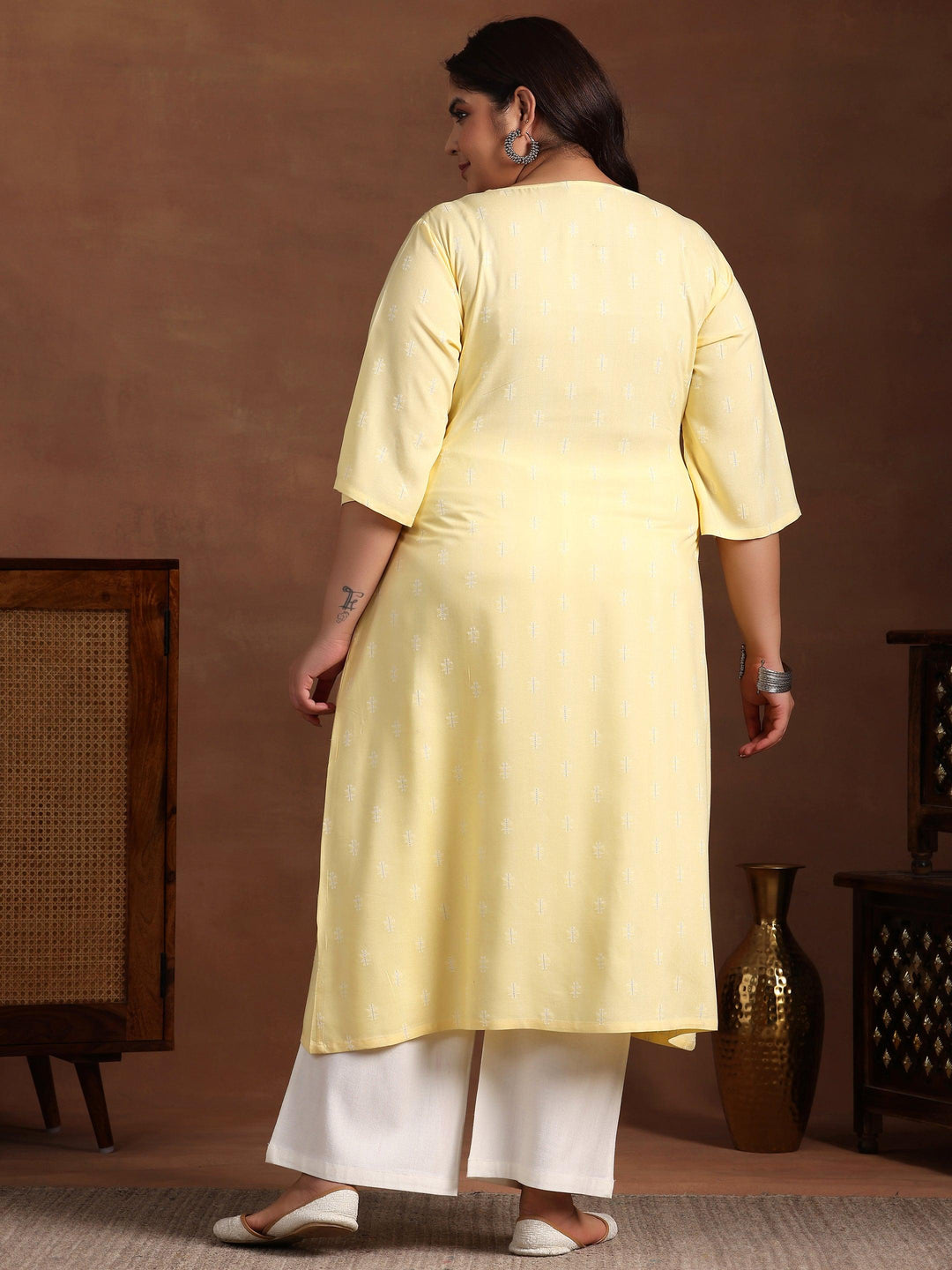 Plus Size Yellow Woven Design Rayon Straight Kurta - Libas 