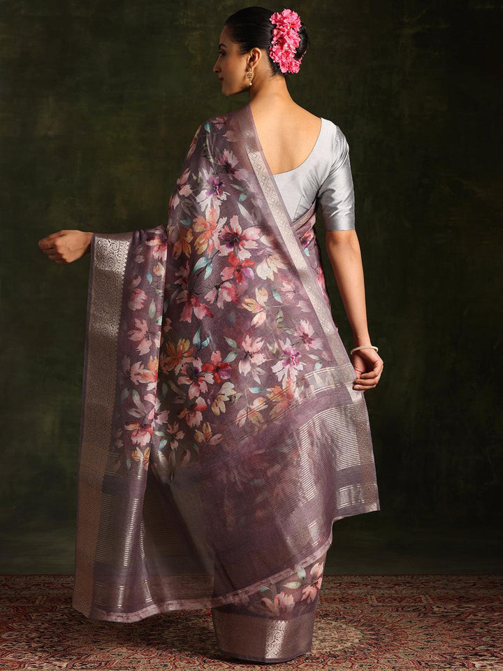 Grey Printed Silk Blend Saree With Unstitched Blouse Piece - Libas