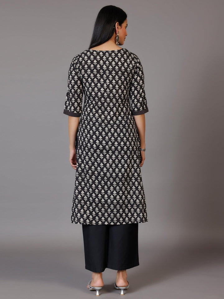 Black Printed Cotton Straight Kurta - Libas