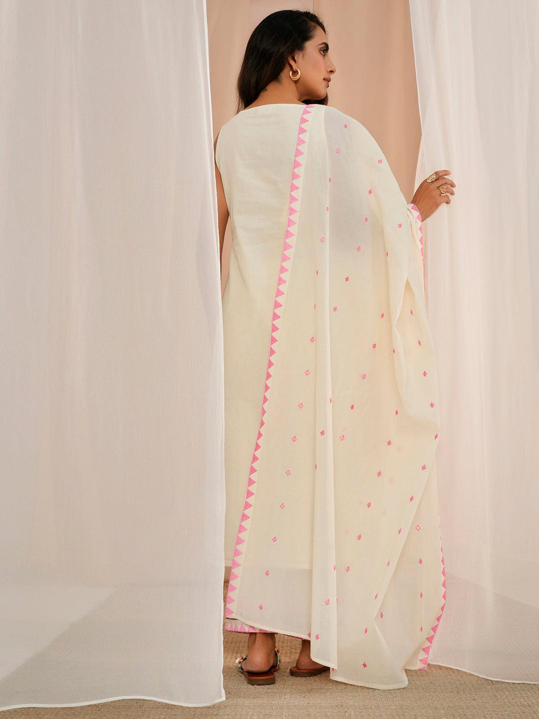 Off White Embroidered Cotton Straight Suit With Dupatta - Libas 