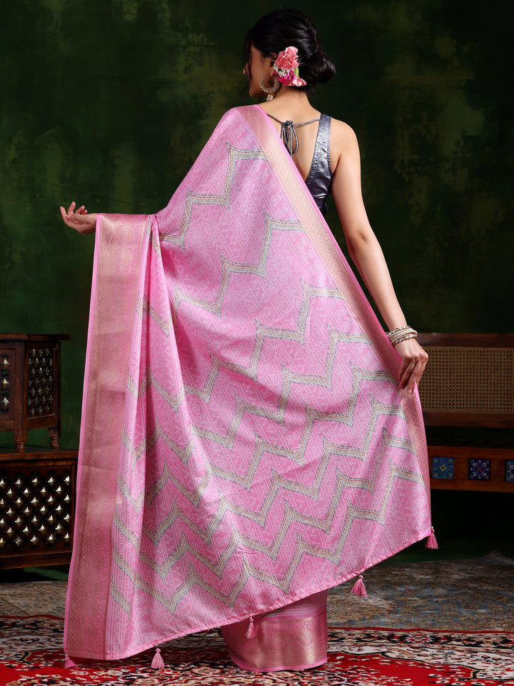 Pink Printed Silk Blend Saree With Unstitched Blouse Piece - Libas