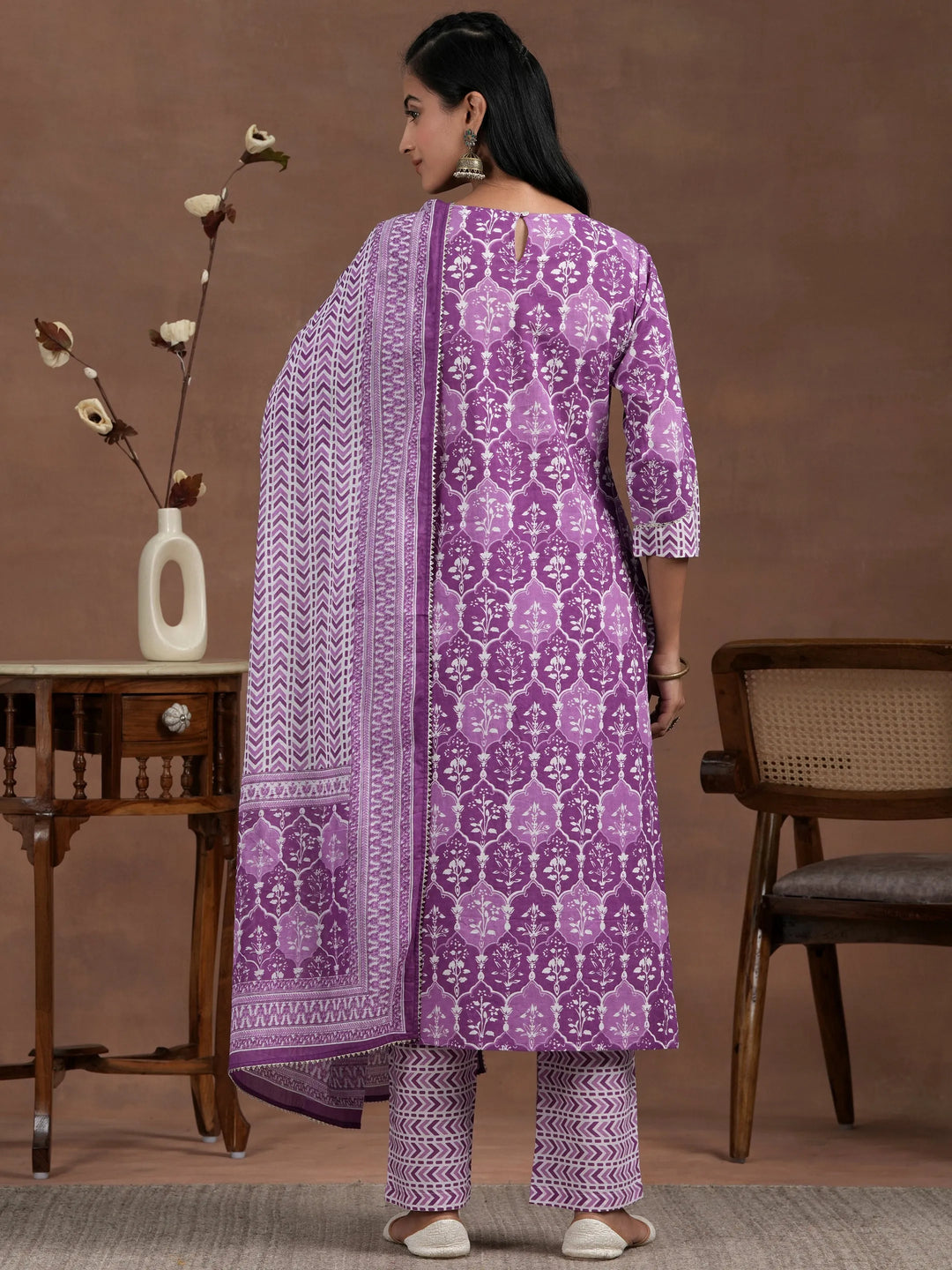  Purple Cotton Printed Straight Kurta 