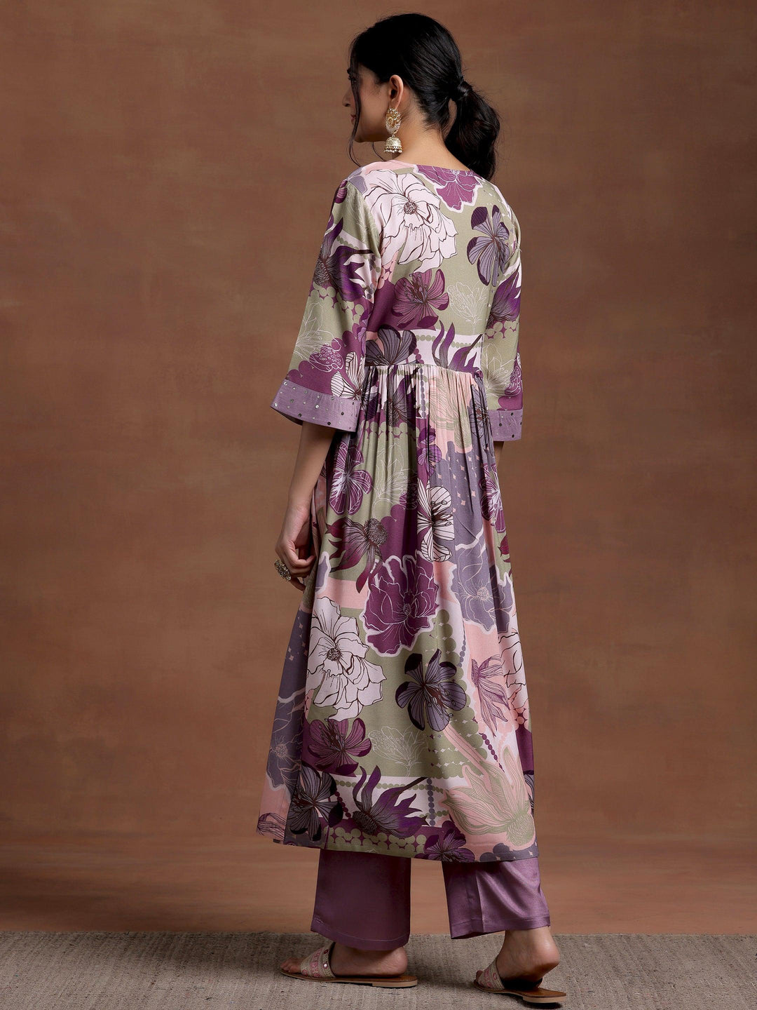 Mauve Printed Rayon A-Line Kurta With Trousers - Libas 