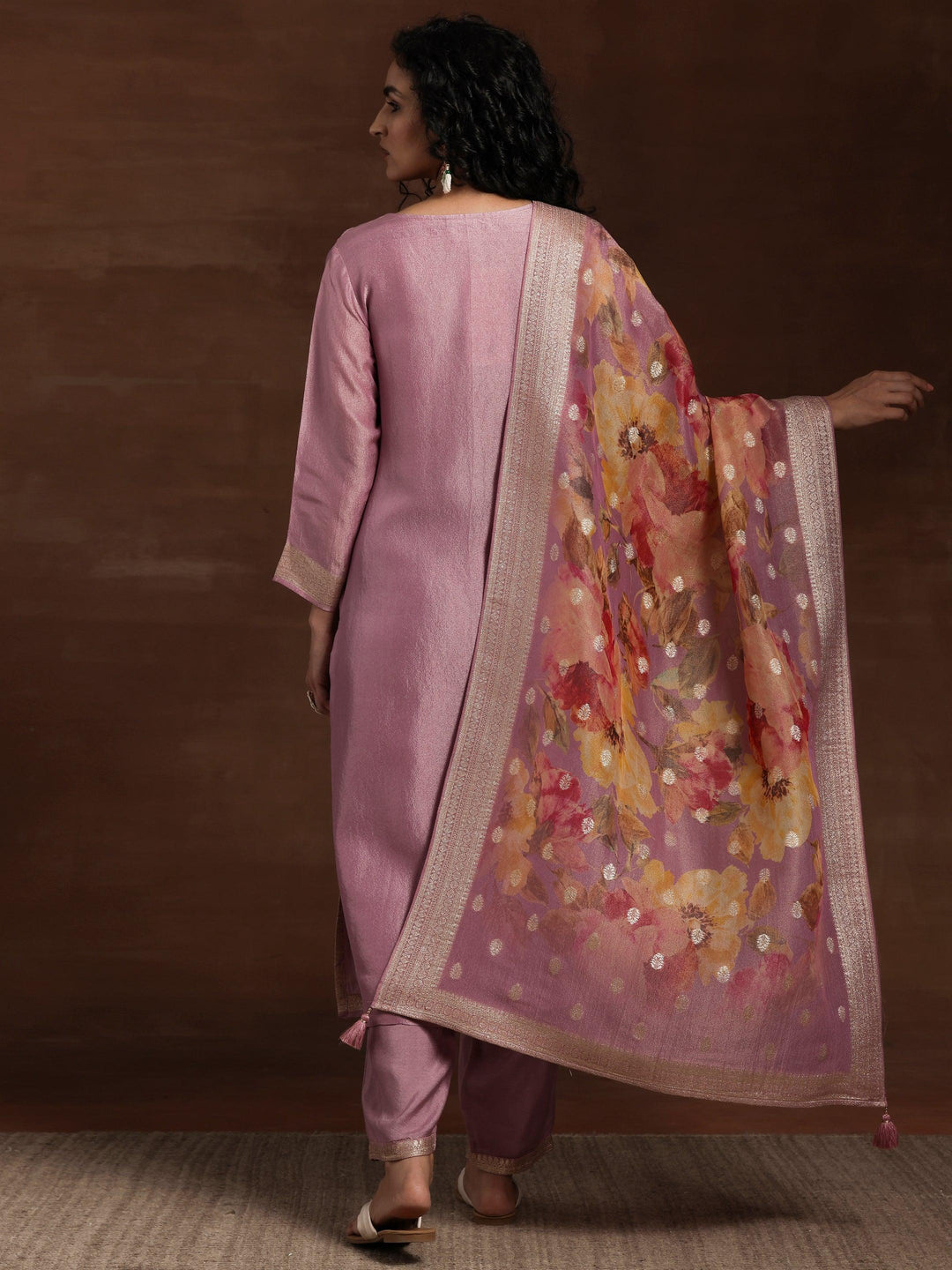 Mauve Woven Design Silk Blend Straight Kurta With Palazzos & Dupatta - Libas 