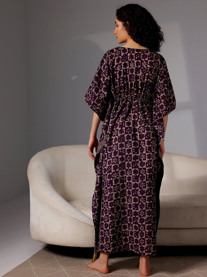 Purple Printed Cotton Kaftan Night Dress - Libas