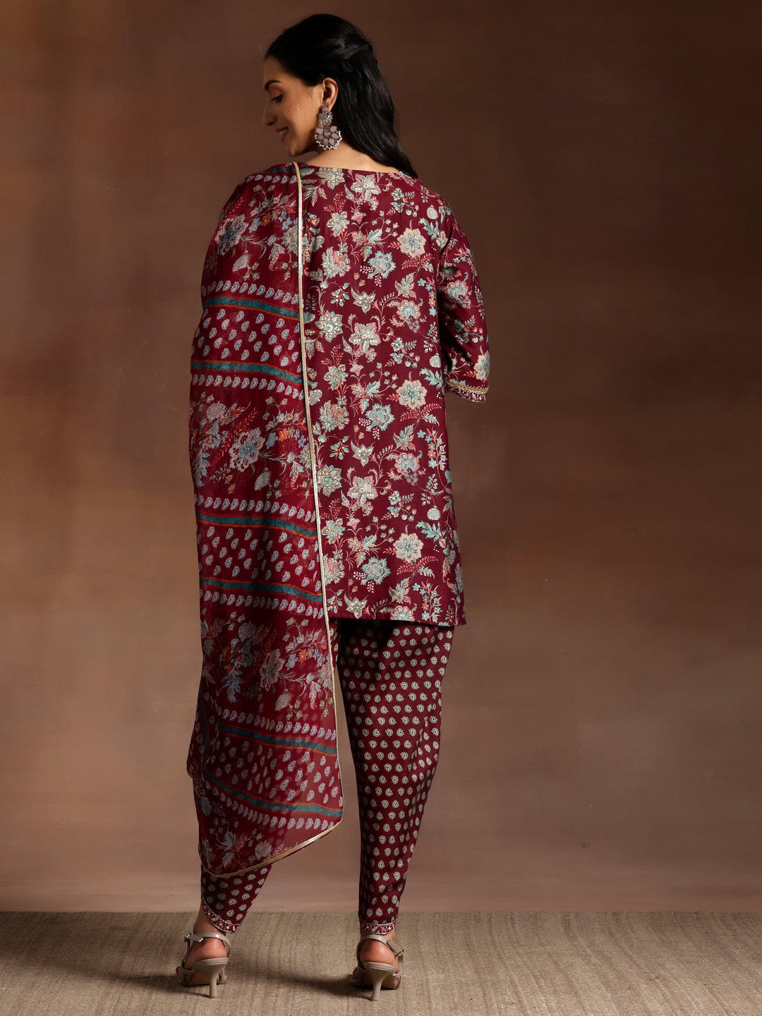 Burgundy Printed Silk Blend Straight Suit With Dupatta - Libas 