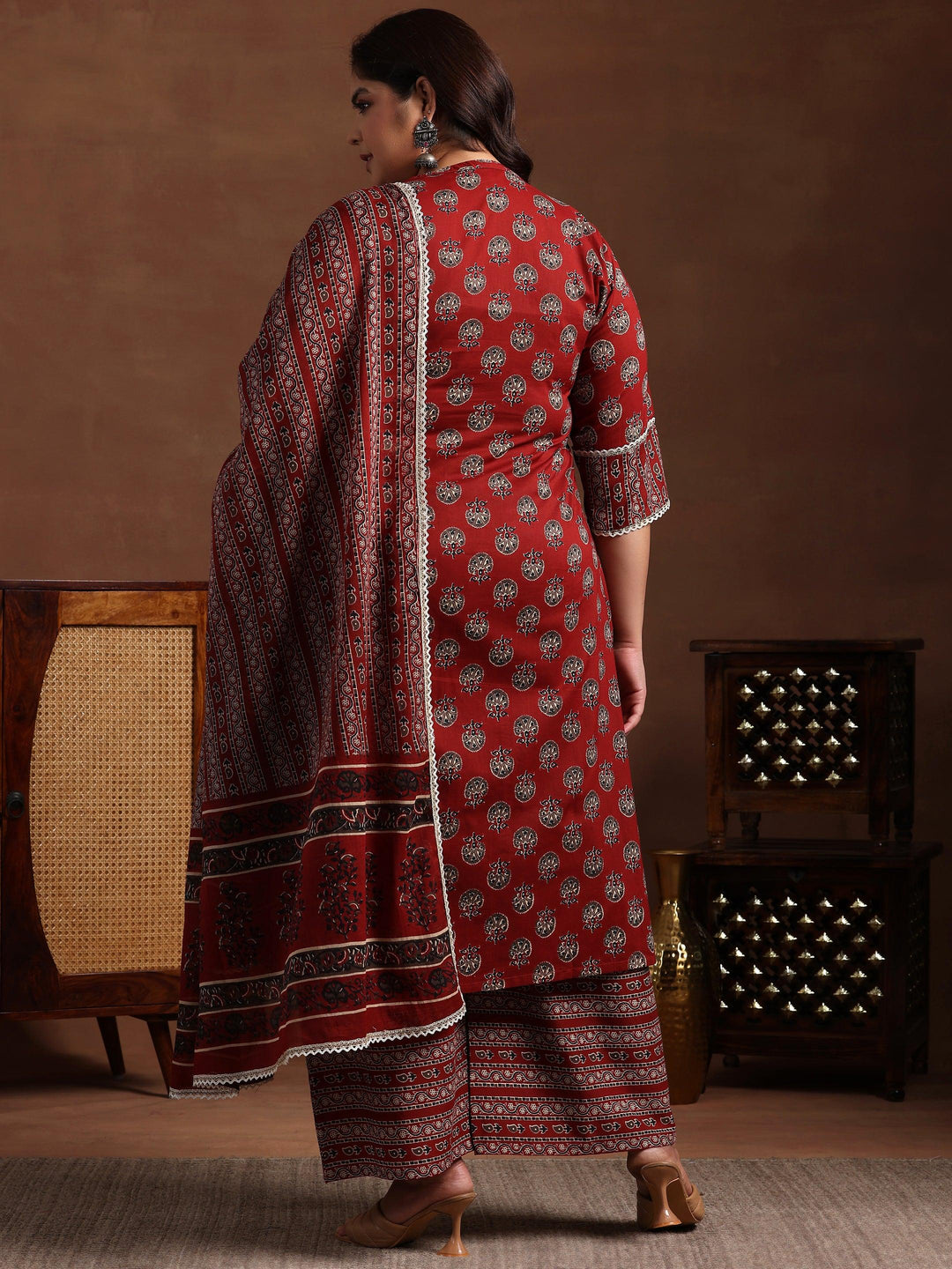 Plus Size Maroon Printed Cotton Straight Suit With Dupatta - Libas