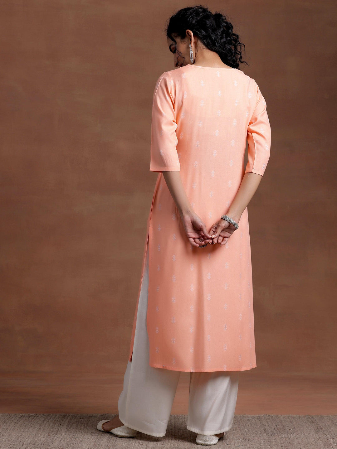 Peach Woven Design Cotton Straight Kurta - Libas 