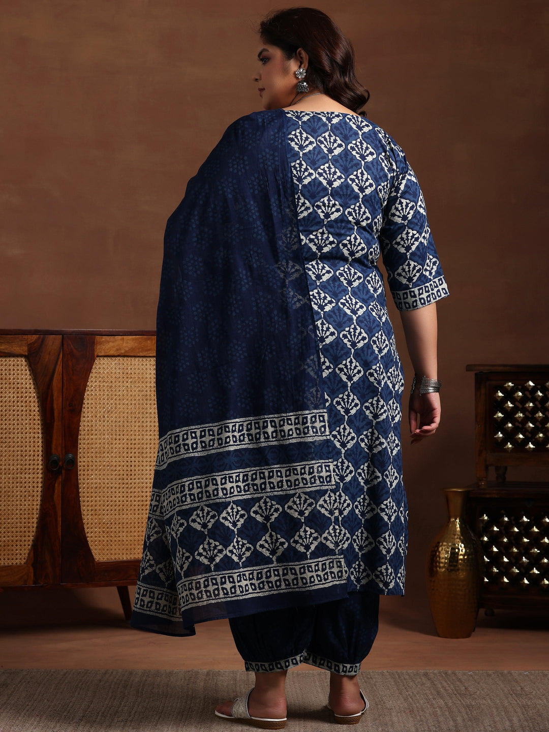 Plus Size Blue Printed Cotton Straight Suit With Dupatta - Libas