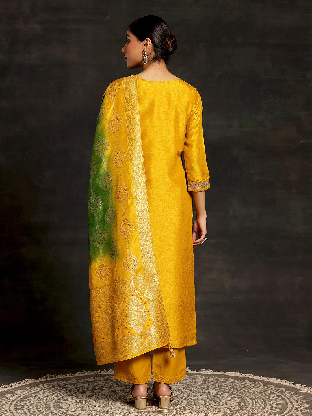 Mustard Woven Design Silk Blend Straight Suit With Dupatta - Libas 