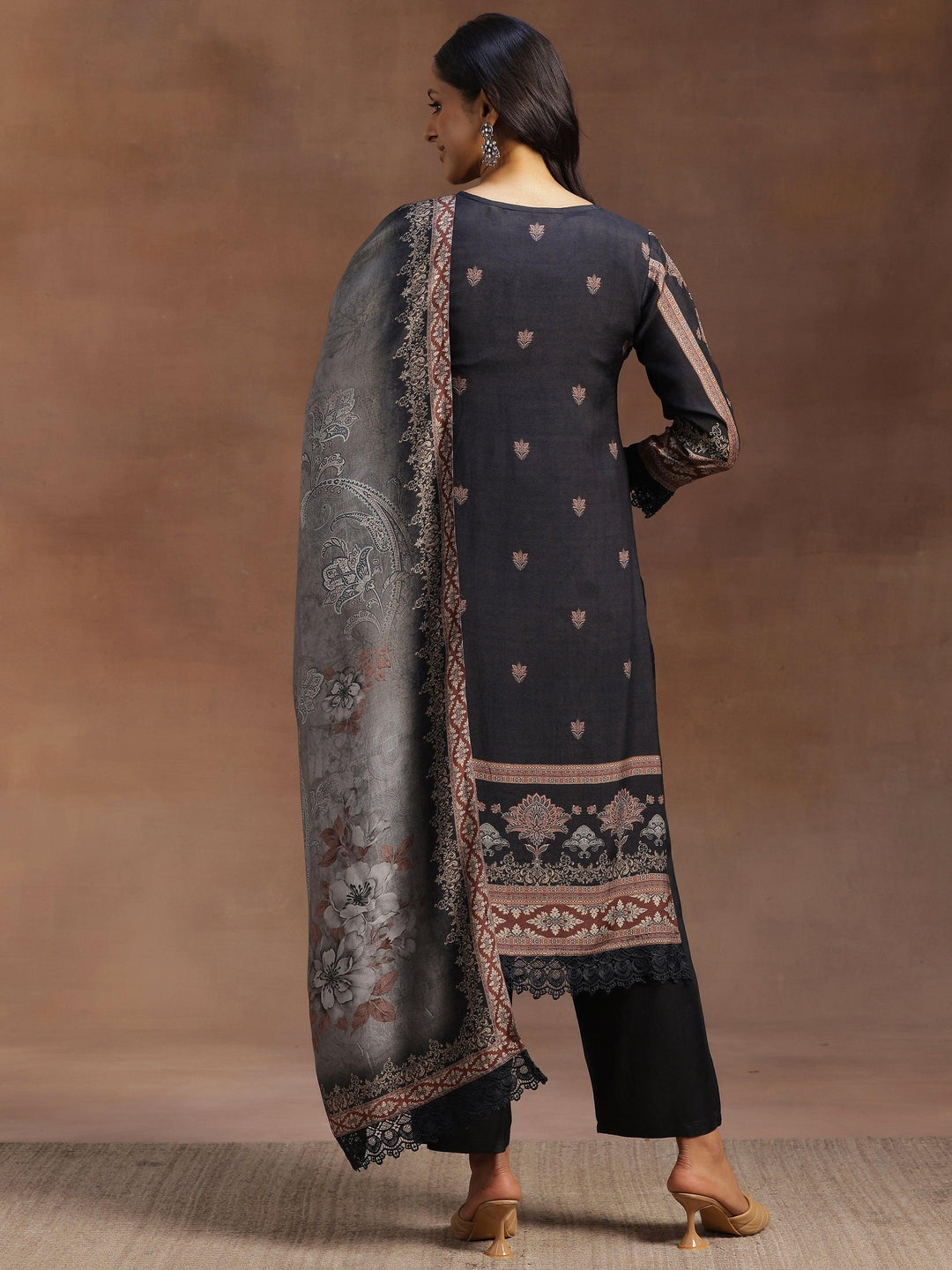 Grey Printed Silk Blend Straight Suit With Dupatta - Libas