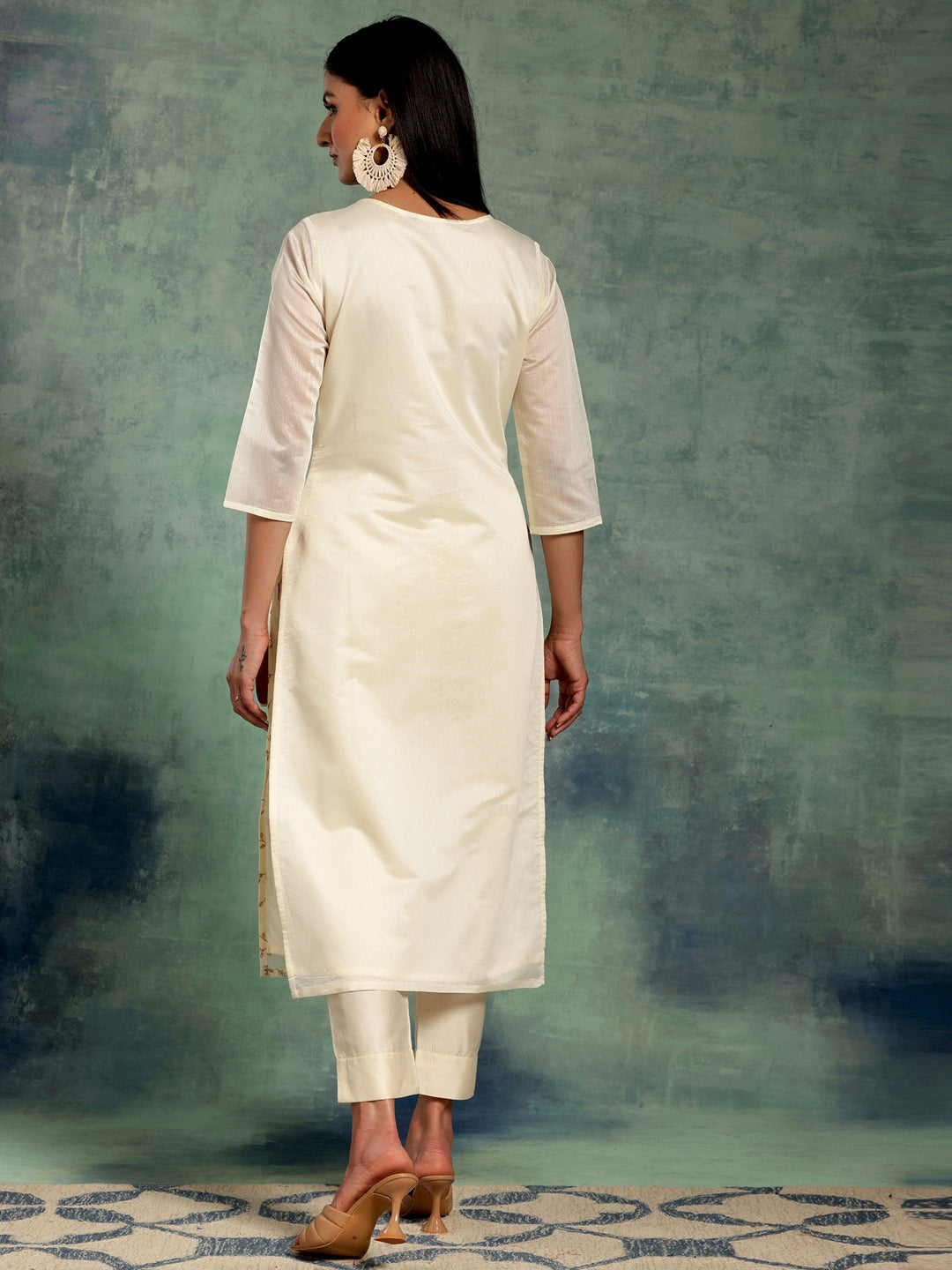 Off White Embroidered Chanderi Silk Straight Kurta - Libas 