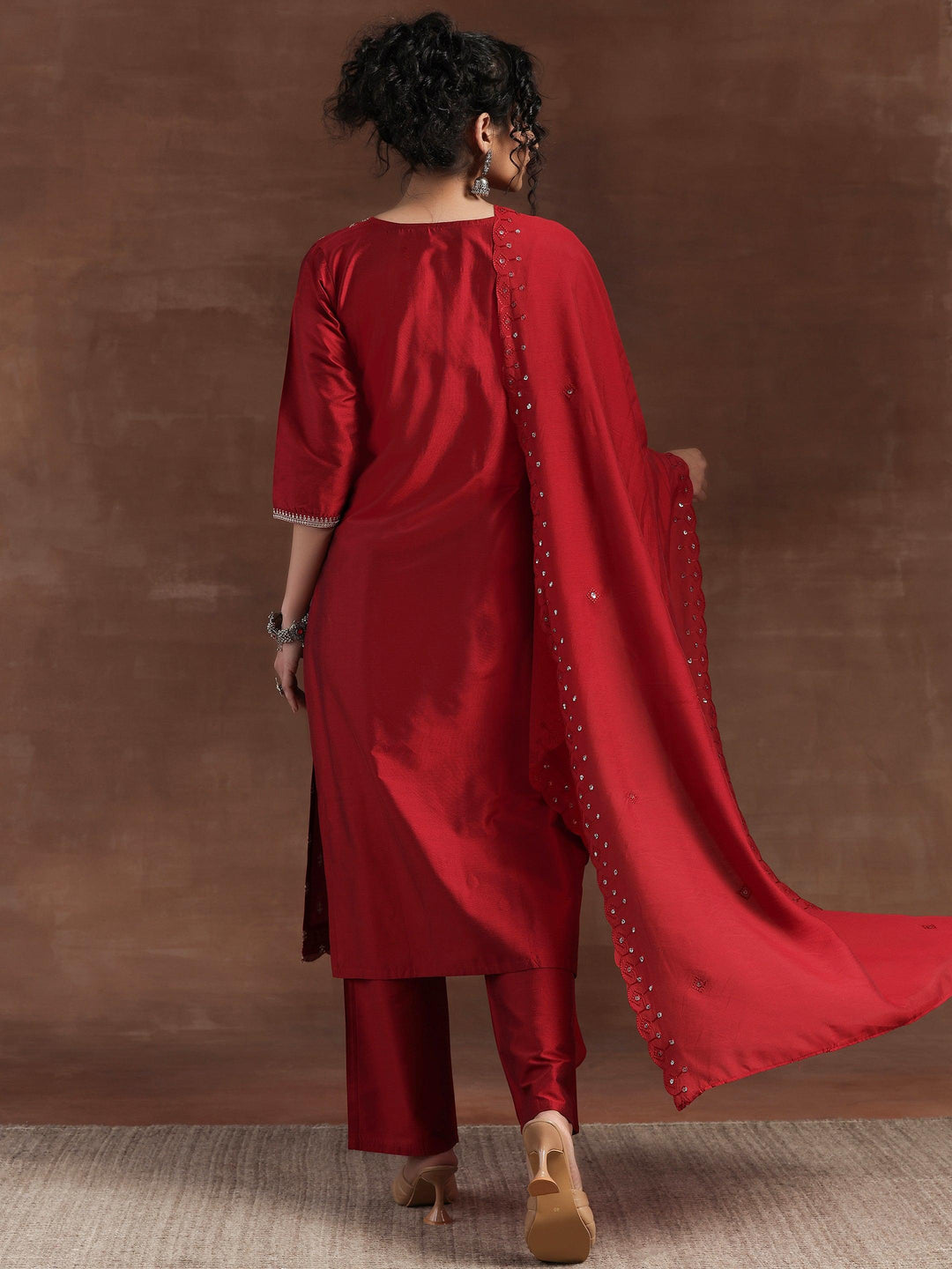 Red Embroidered Silk Blend Straight Suit With Dupatta - Libas 