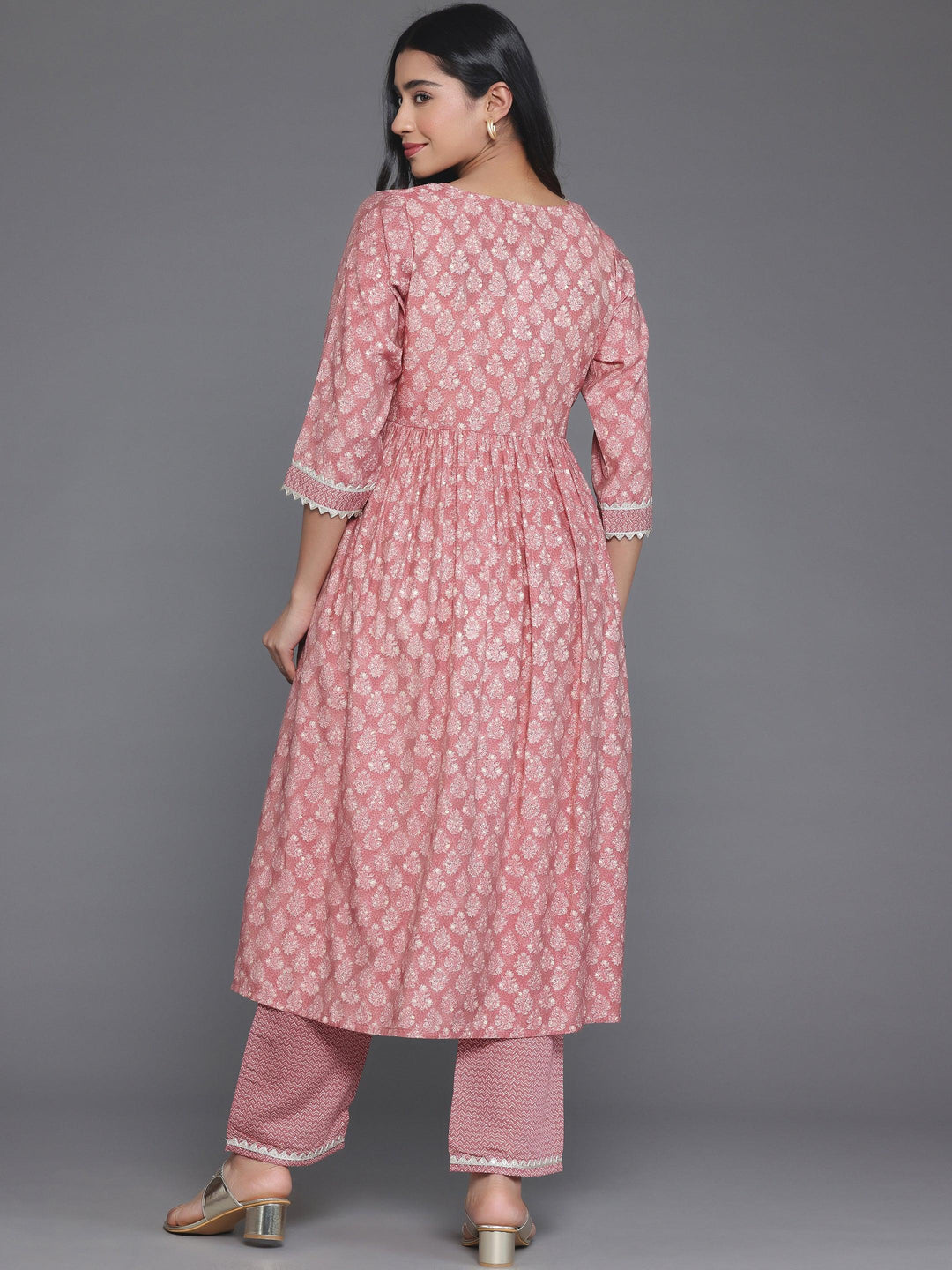 Mauve Printed Silk Blend A-Line Kurta With Palazzos - Libas 