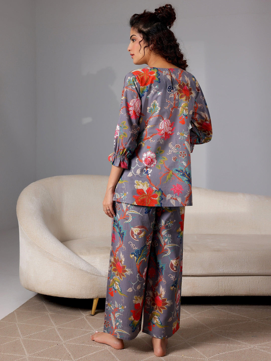 Grey Printed Cotton Night Suits - Libas 