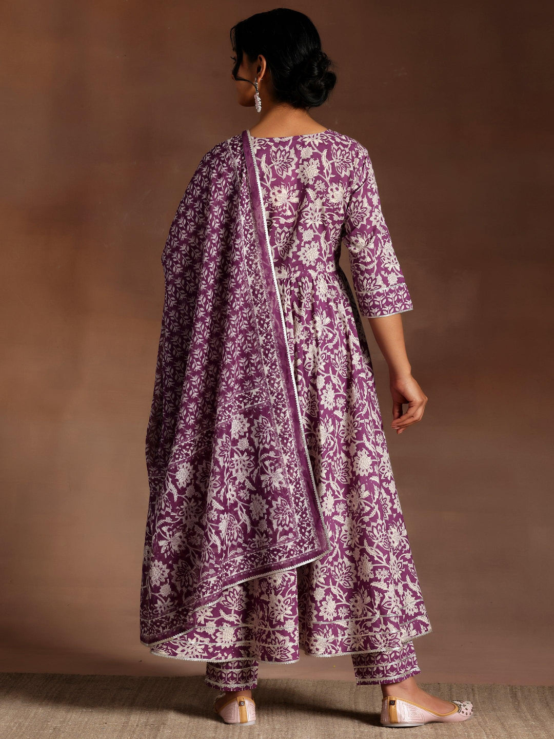 Purple Printed Cotton Anarkali Suit With Dupatta - Libas 