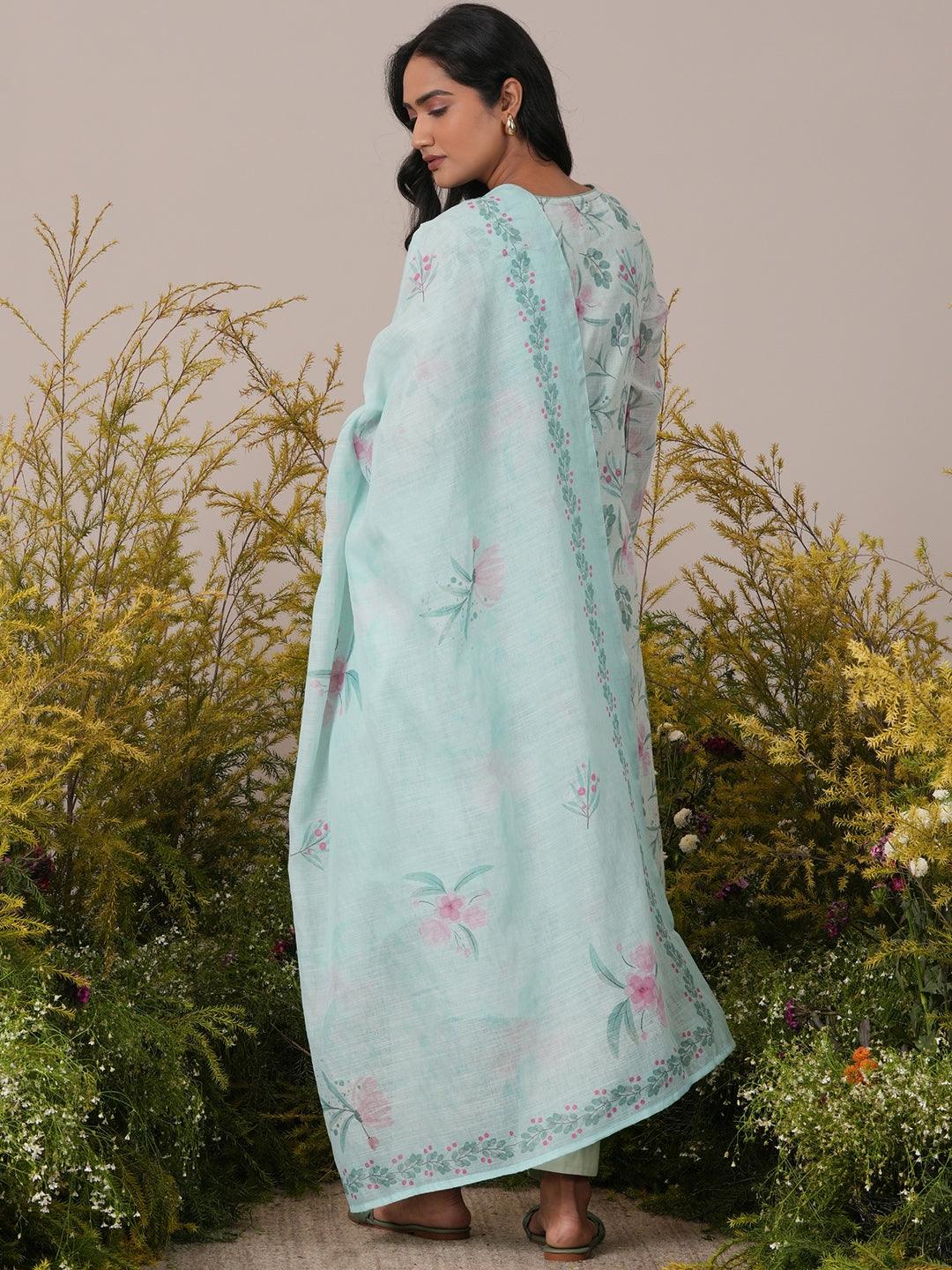 Green Printed Linen Straight Suit With Dupatta - Libas 