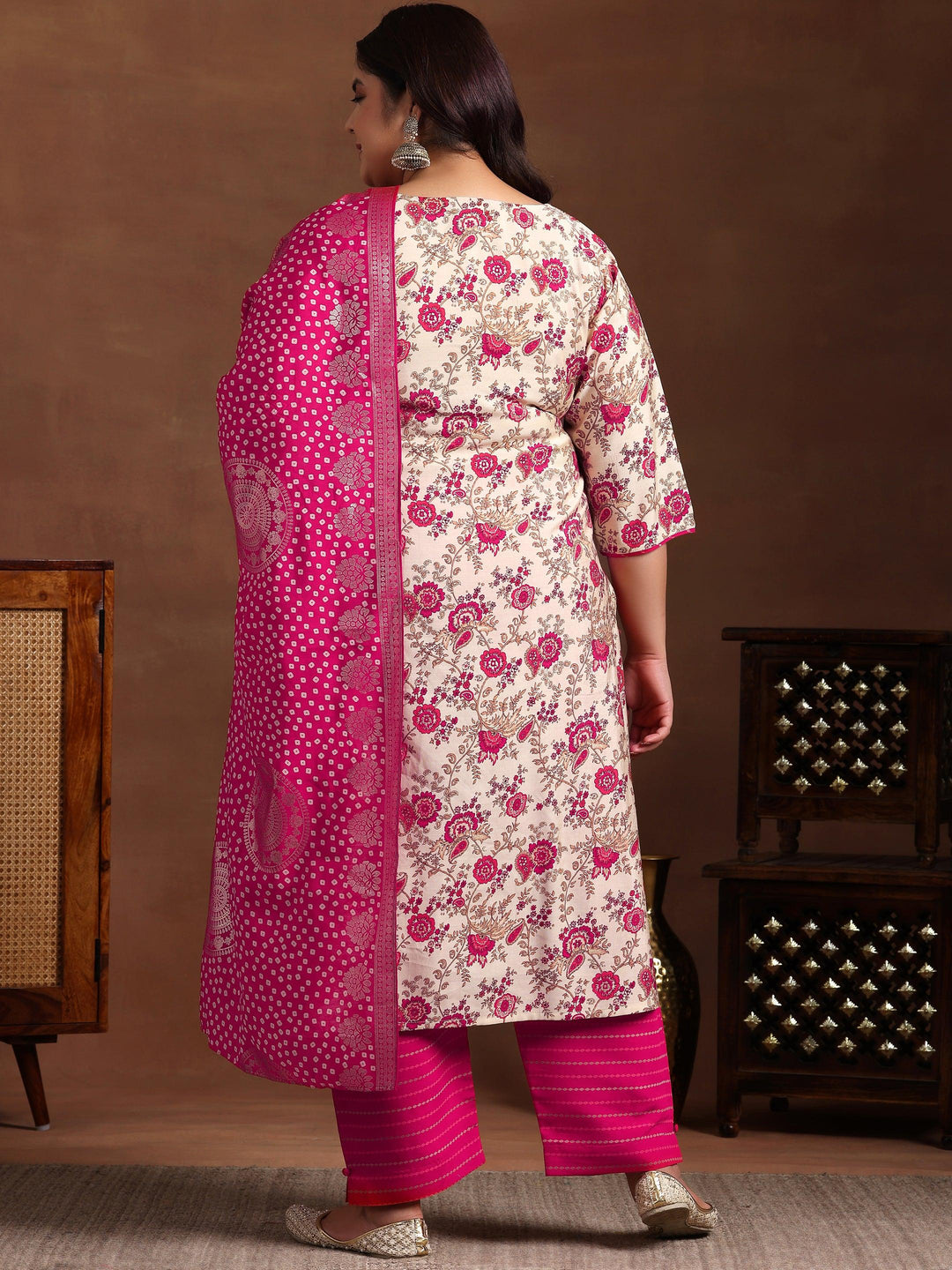 Plus Size Pink Printed Silk Blend Straight Suit With Dupatta - Libas 